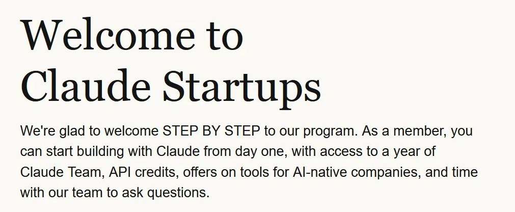 Message de bienvenue du programme Claude Startups adressé à Step By Step